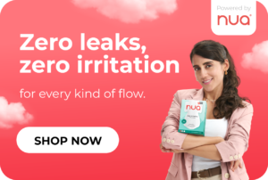 A bright coral backdrop with pink clouds surrounding a woman smiling confidently while holding a box of Nua Complete Comfort Pads against her chest. Bold white text on the left says “Zero leaks, zero irritation for every kind of flow,” with a white “Shop Now” button below.