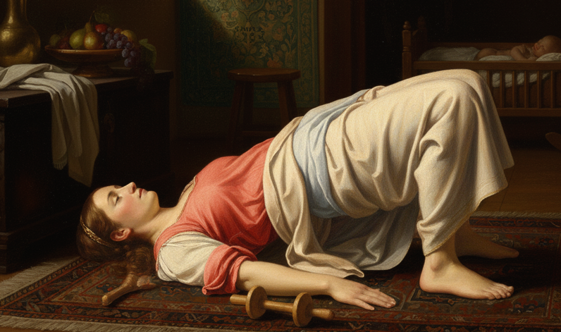 rtistic scene of a postpartum woman resting in a bridge pose on a rug, with a cradle in the background, symbolising recovery and body movement after birth.