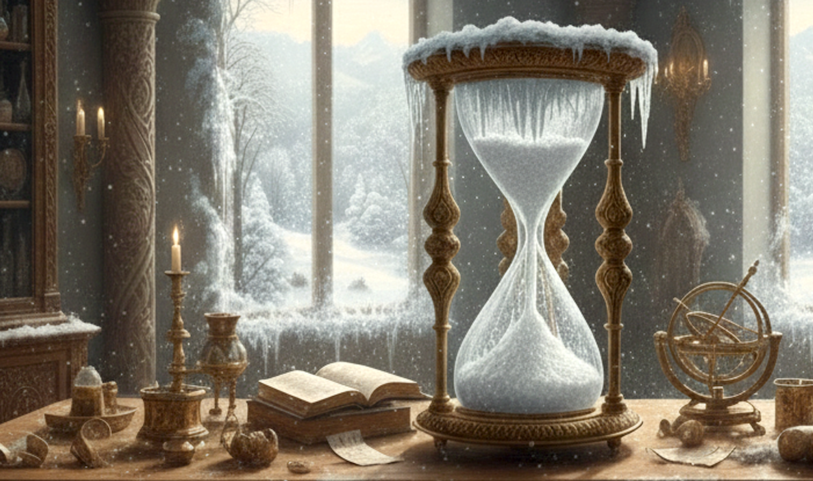 A large hourglass filled with snow sits on a cluttered wooden desk inside a study overlooking a frozen landscape. Frost coats the glass, icicles hang from the top, and snow drifts past the tall windows. Candles, books, and brass instruments surround the hourglass, creating a quiet, wintry scene about time slowing down.