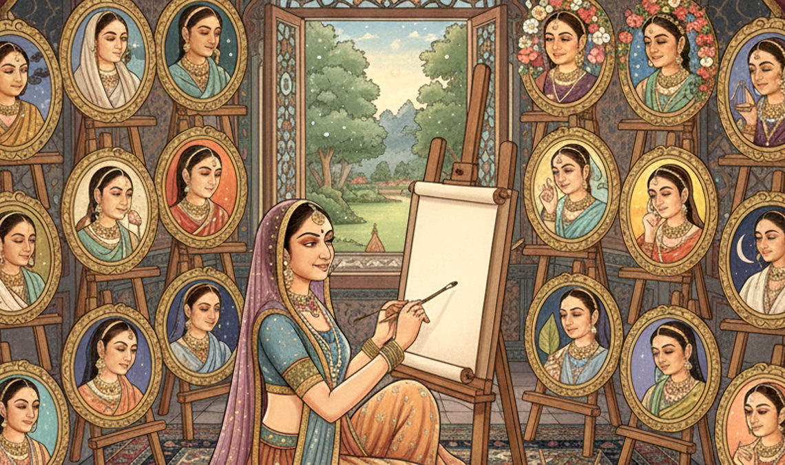 Illustration of a woman painting self-portraits at different life stages, representing reflection, personal growth, and evolving identity over time.