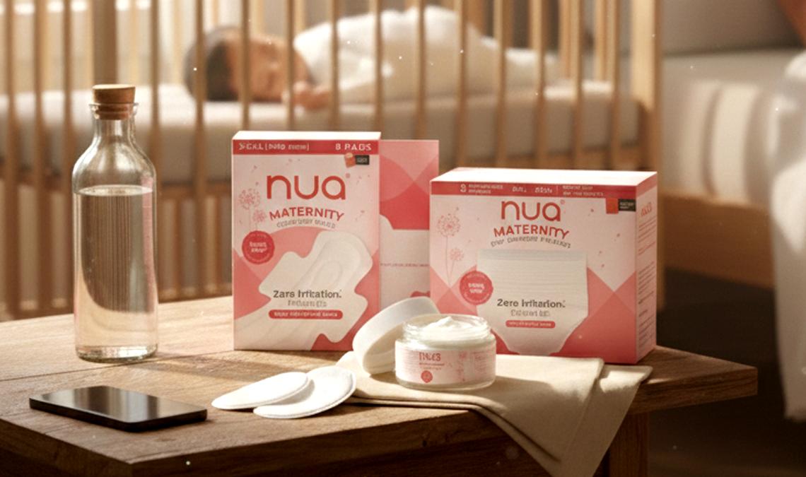Maternity care products arranged on a bedside table, including maternity pads and nipple butter, with a sleeping newborn visible in a crib in the softly lit background