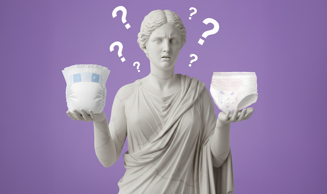Classical-style statue against a purple background holding a disposable diaper in one hand and a postpartum pad in the other, with question marks floating above its head to suggest confusion between the two.