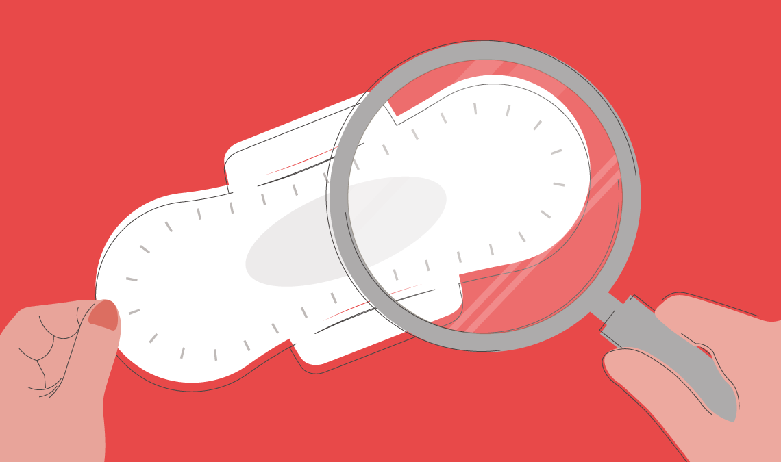 Illustration of a sanitary pad being examined with a magnifying glass, representing understanding product labels and ingredients.