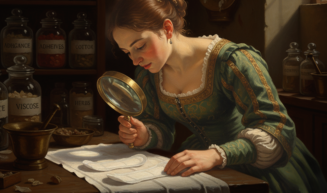 Illustration of a woman in historical attire examining sanitary pads under a magnifying glass, surrounded by labeled jars of materials like cotton, adhesives, and herbs, suggesting scrutiny of ingredients and product composition.