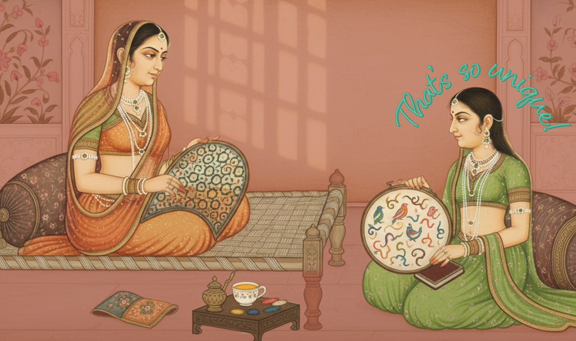 Illustration of two women in traditional attire sitting indoors, one reclining on a daybed holding an embroidered frame while the other kneels with embroidery, both engaged in quiet craftwork in a softly lit room.