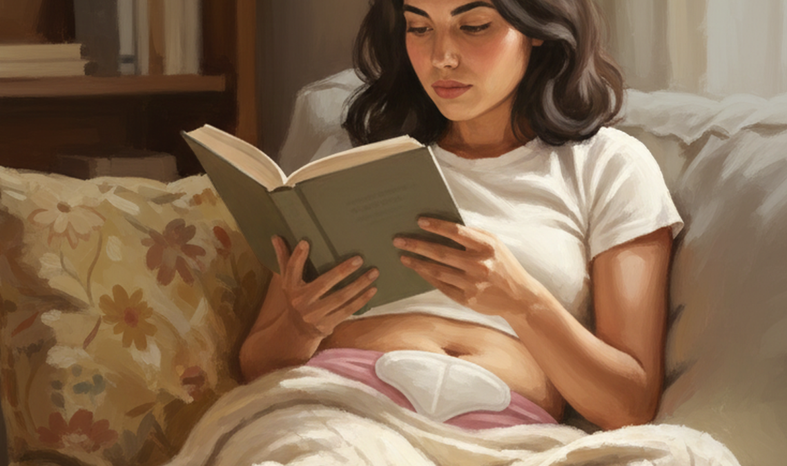 Woman lying in bed reading a book with a sanitary pad placed on the lower abdomen, suggesting rest and comfort during menstruation.