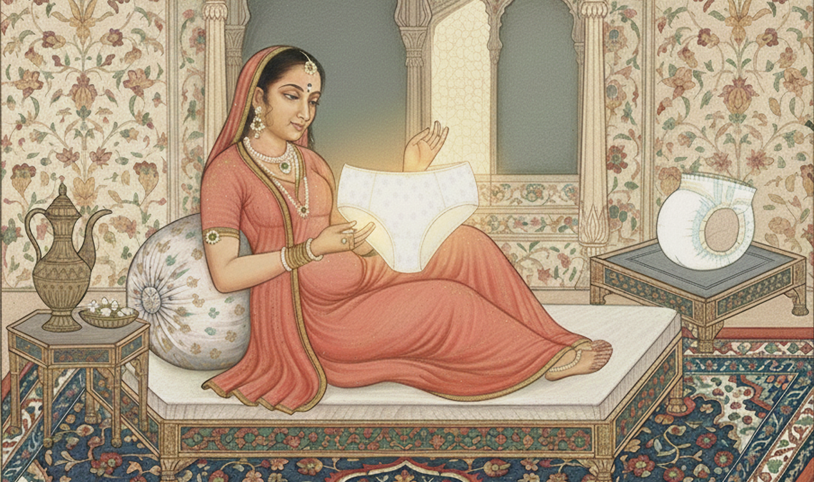 Traditional Indian miniature-style illustration of a pregnant woman reclining on a daybed, calmly examining a diaper placed in her hands, with domestic objects arranged around her.