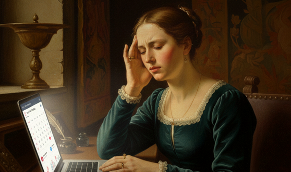 Illustrated scene of a woman in period-style clothing sitting at a desk, holding her head in pain while looking at a digital calendar on a laptop, representing menstrual migraines or cycle-related headaches.