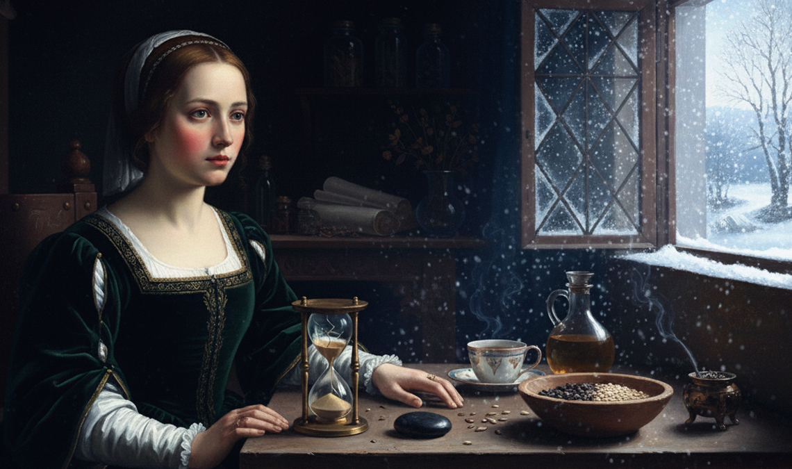 Illustration of a woman seated indoors by a snowy window, with an hourglass, warm drink, and bowls of grains on the table, evoking traditional natural remedies, time, and patience in managing menstrual discomfort.