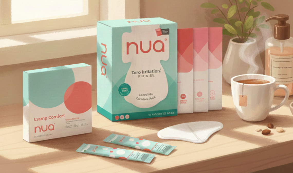 Sunlit tabletop with nua period care products arranged neatly, including boxes, panty liners, sachets, a cup of tea, and toiletries by a window.
