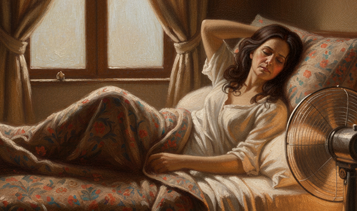 Woman reclining on a bed near an electric fan, eyes closed, appearing overheated and uncomfortable, suggesting sleep disturbance or hot flashes.