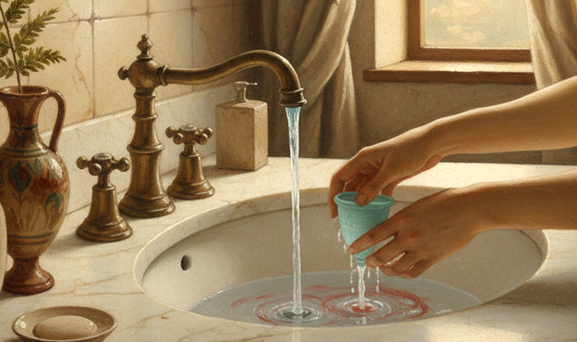 Hands rinsing a menstrual cup under running water in a bathroom sink, with diluted menstrual blood visible in the basin.