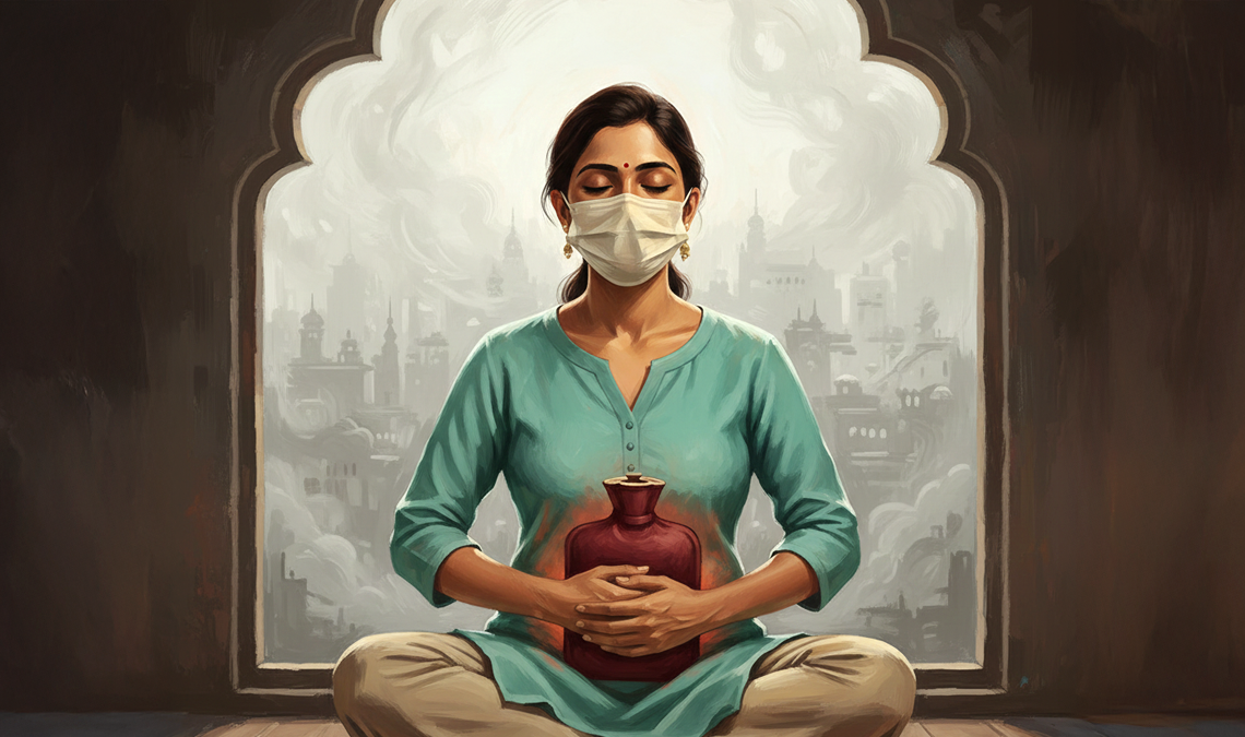 Illustration of a woman sitting cross-legged, holding a hot water bottle against her abdomen. She wears a face mask and has her eyes closed, with a hazy cityscape visible behind her through an arched window, suggesting the impact of air pollution on menstrual comfort.