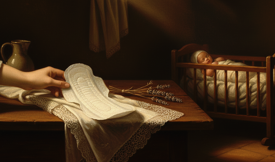 Still-life scene showing a sanitary pad placed on a lace cloth beside dried lavender, with a sleeping baby in a wooden cradle in the background, suggesting a calm postpartum setting.