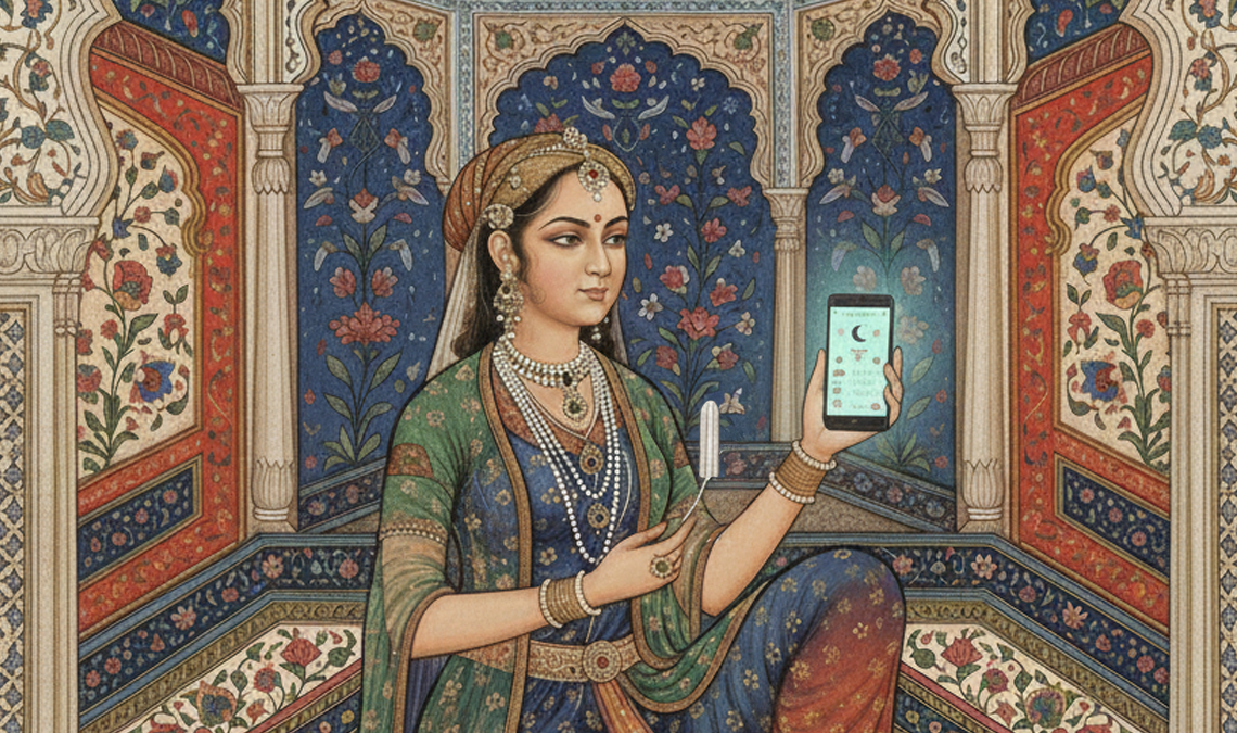 Illustrated woman in traditional attire holding a smartphone displaying a cycle-tracking app and a tampon, set inside an ornate, palace-style interior.