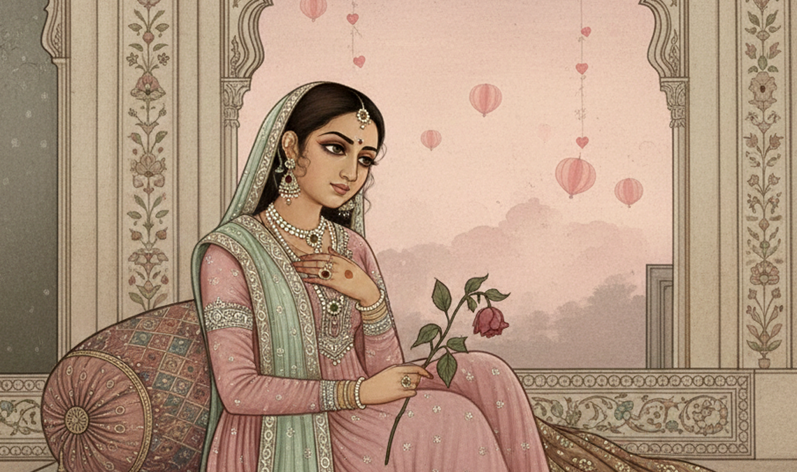 Illustration of a traditionally dressed woman seated indoors, holding a flower and looking thoughtful, with hearts floating in the background, symbolising love, desire, and emotions influenced by hormones.