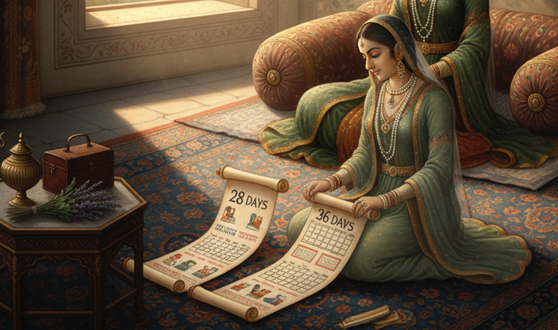 Indian miniature painting of a woman seated on the floor comparing two scroll calendars labeled 28 days and 36 days, representing different menstrual cycle lengths, while another woman sits behind her in a domestic setting.