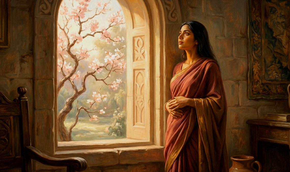Pregnant woman standing indoors near an arched window, hands resting on her belly, looking out at a flowering tree bathed in warm daylight