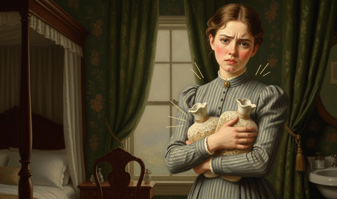 Illustration of a teenage girl holding two hot water bottles against her chest, looking uncomfortable, representing breast tenderness during puberty.