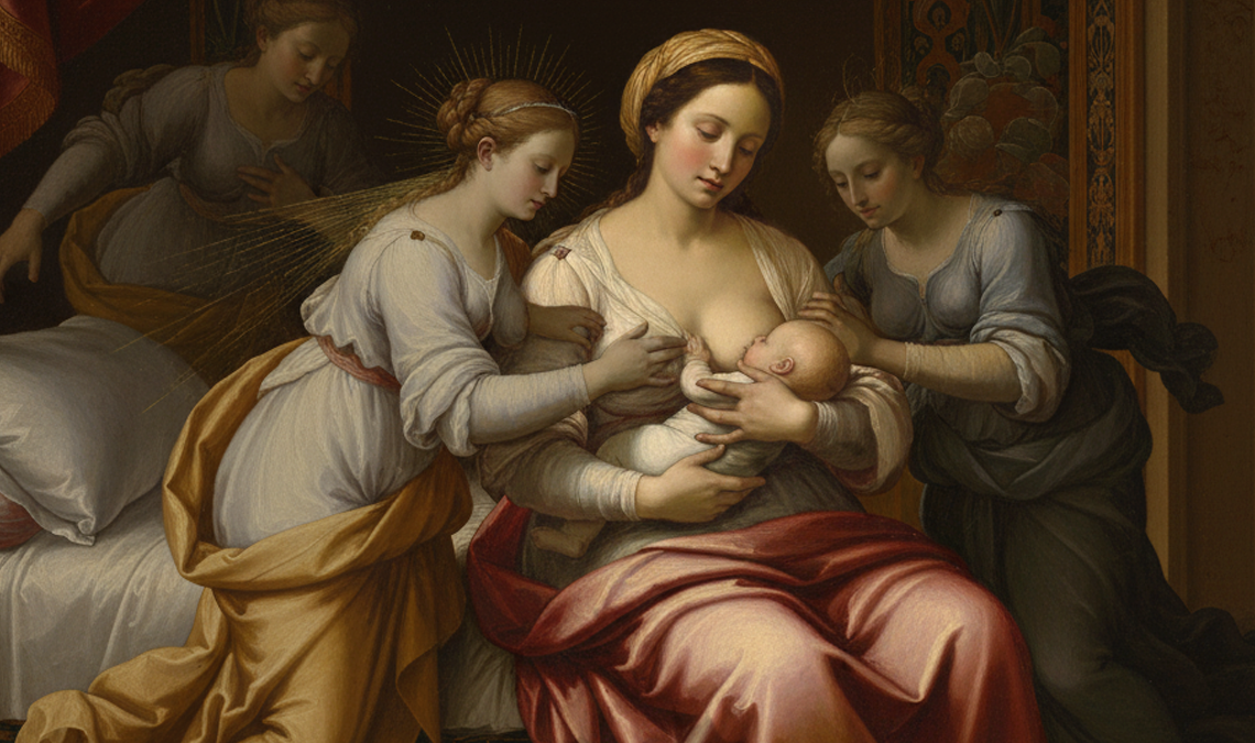 Classical-style painting of a woman breastfeeding a baby, surrounded by attendants, representing motherhood and hormonal changes after childbirth.