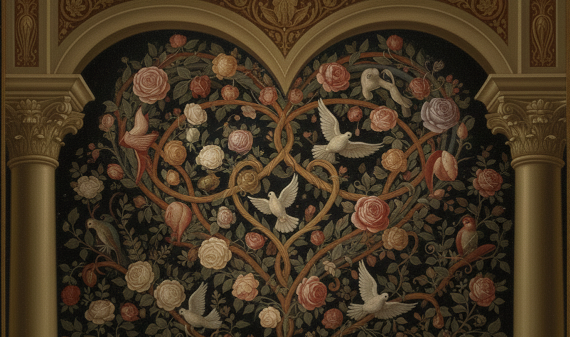 Decorative illustration of intertwined heart-shaped vines with flowers and doves, symbolising romance, intimacy, and emotional connection.