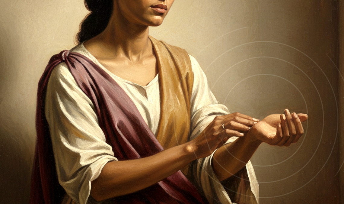 Illustration of a woman checking her pulse on her wrist, with circular lines radiating outward, symbolising hormonal rhythms, body awareness, and changes in desire across the menstrual cycle.