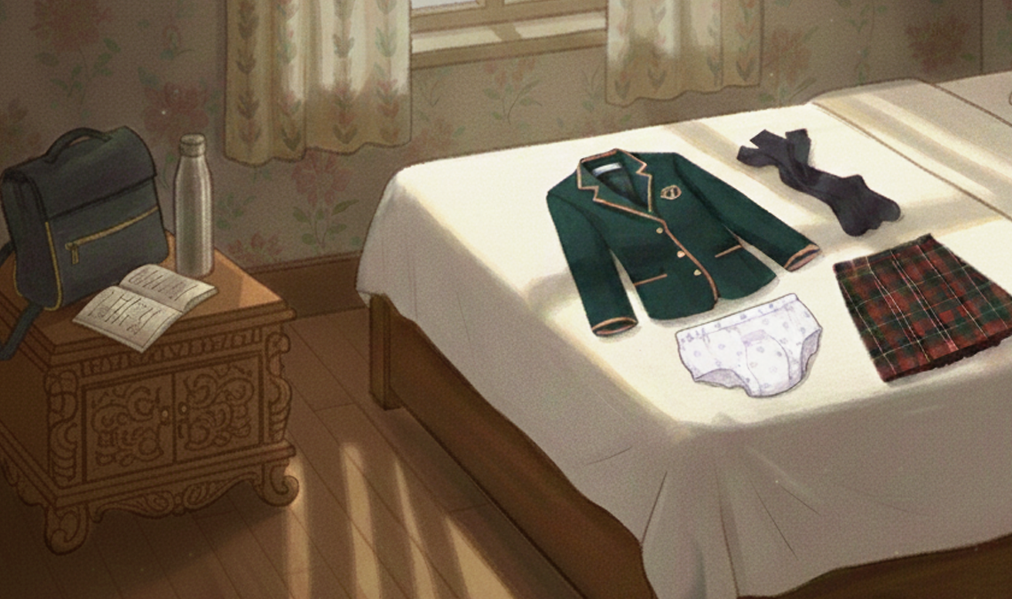 Illustration of a neatly arranged school uniform and period panties laid out on a bed beside a backpack and notebook, representing period preparation for teens.