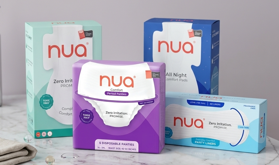 Product display featuring multiple Nua period-care items, representing tested, skin-friendly menstrual products and trusted comfort solutions.