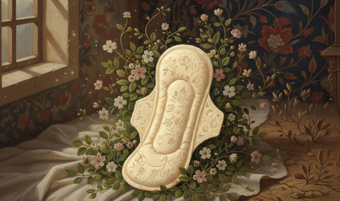 Illustration of a sanitary pad placed among flowers in a softly lit room, symbolising gentleness, skin safety, and dermatological testing.