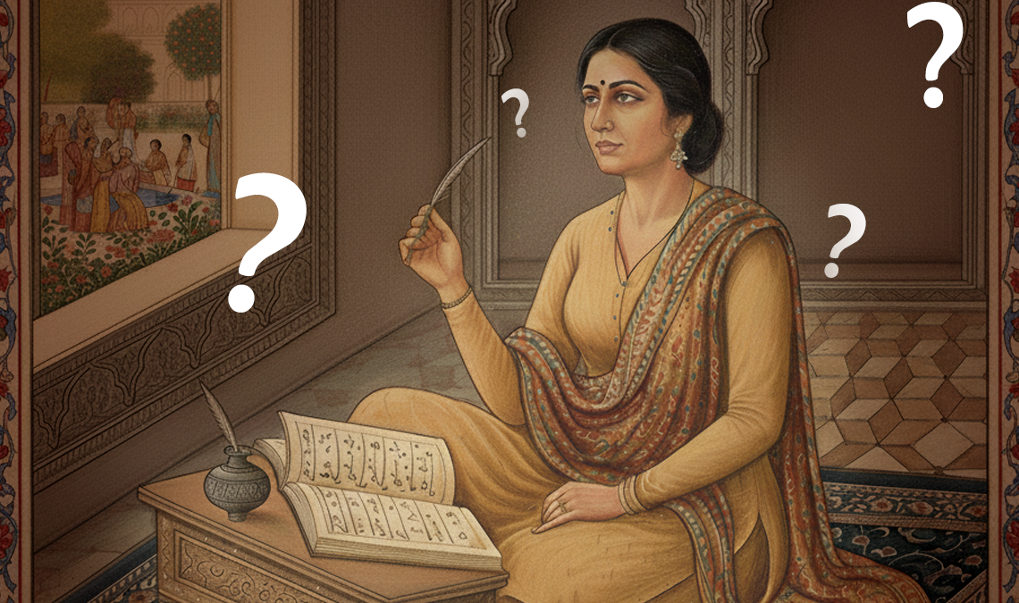 Illustration of a seated woman holding a quill beside an open book, surrounded by question marks, representing mental fog, confusion, or difficulty concentrating during the menstrual cycle.