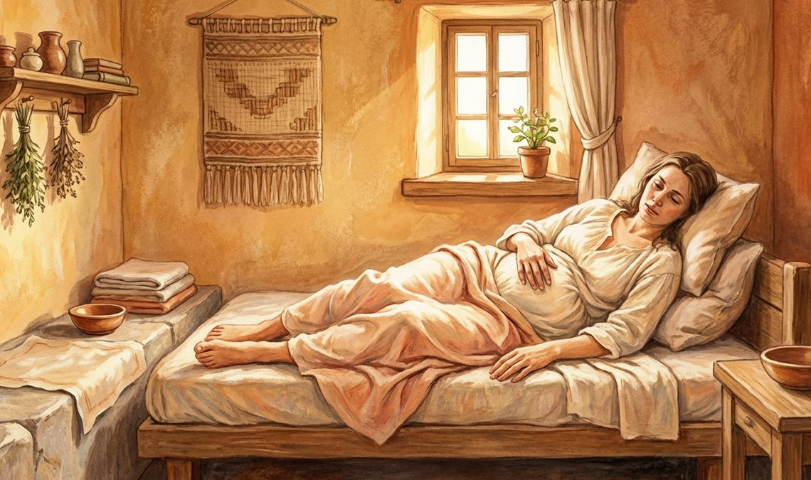 Illustration of a postpartum woman resting in bed with a hand on her abdomen, in a warm, home setting, representing recovery and lochia after childbirth.