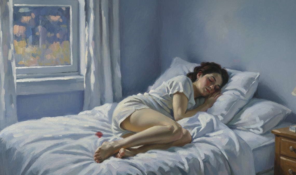 Illustration of a woman sleeping on her side in bed with a small blood stain visible on the sheet, representing menstrual leaks during the night.