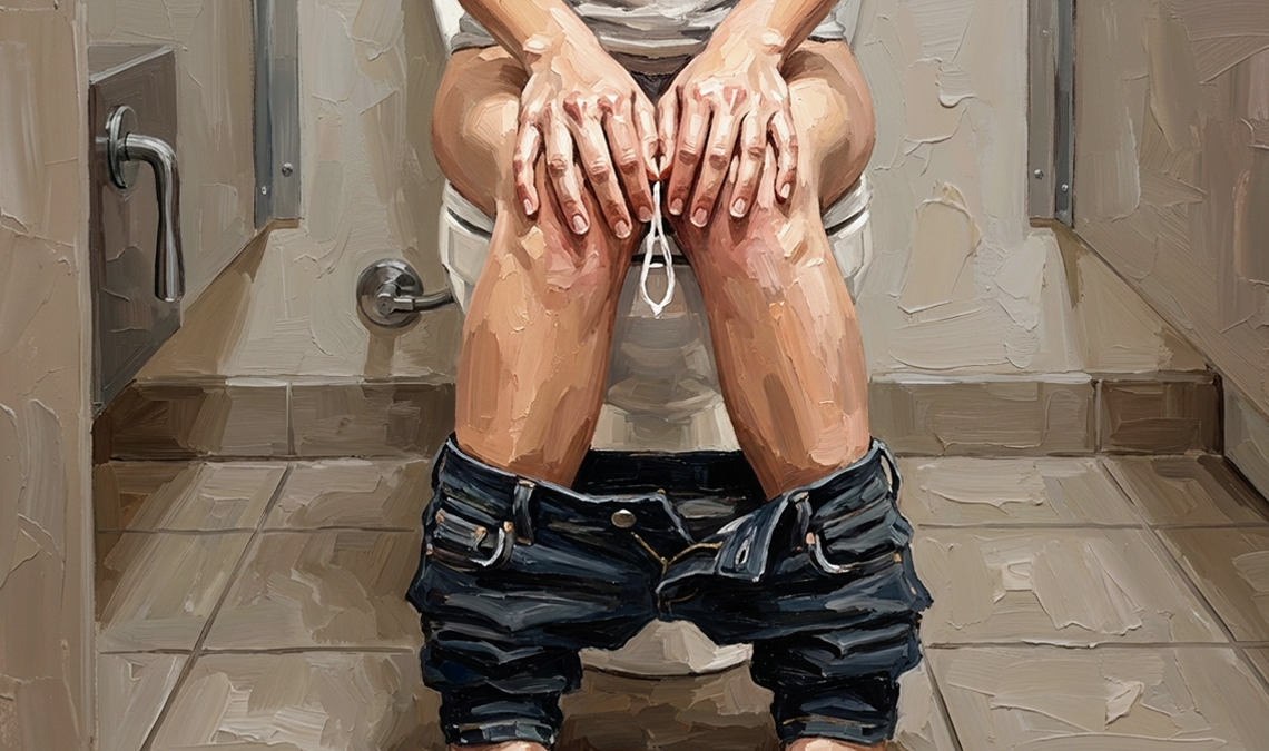 Illustration of a person sitting on a toilet with a tampon string visible, representing questions about urinating while wearing a tampon.