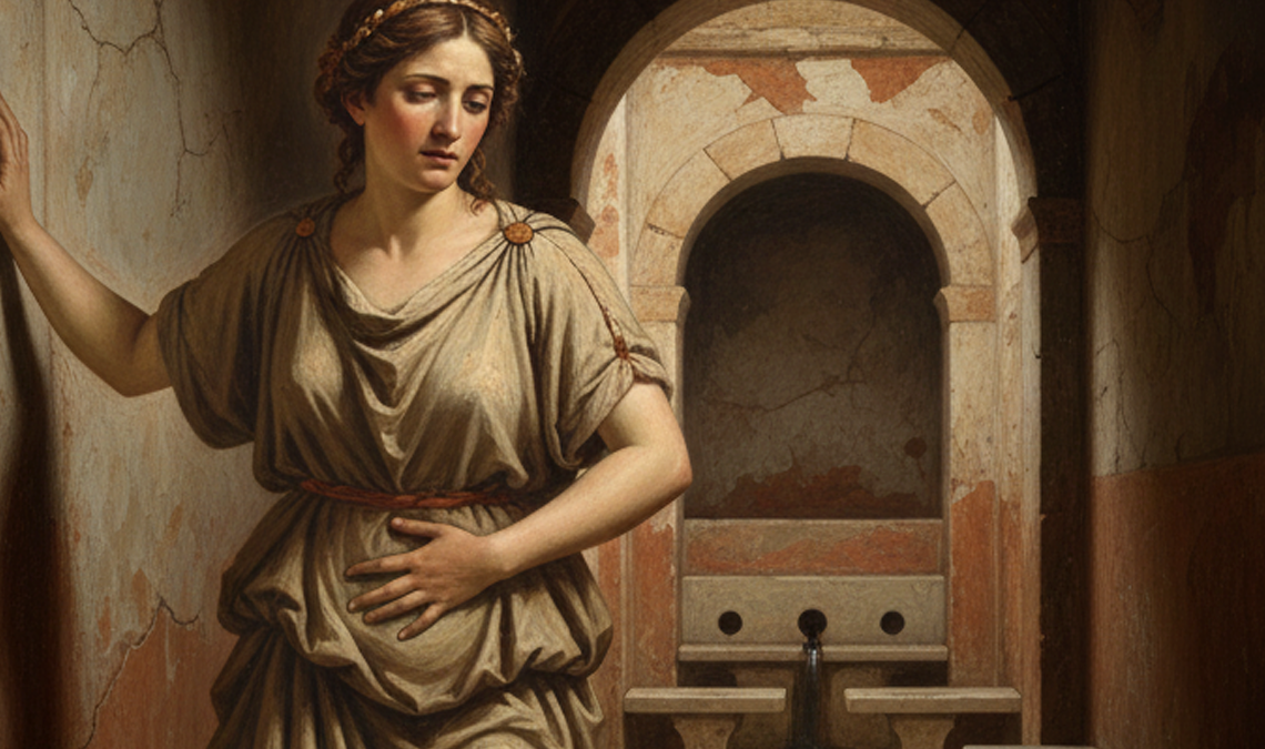 Illustration of a woman leaning against a wall while holding her abdomen in a restroom setting, representing digestive discomfort or cramps during periods.