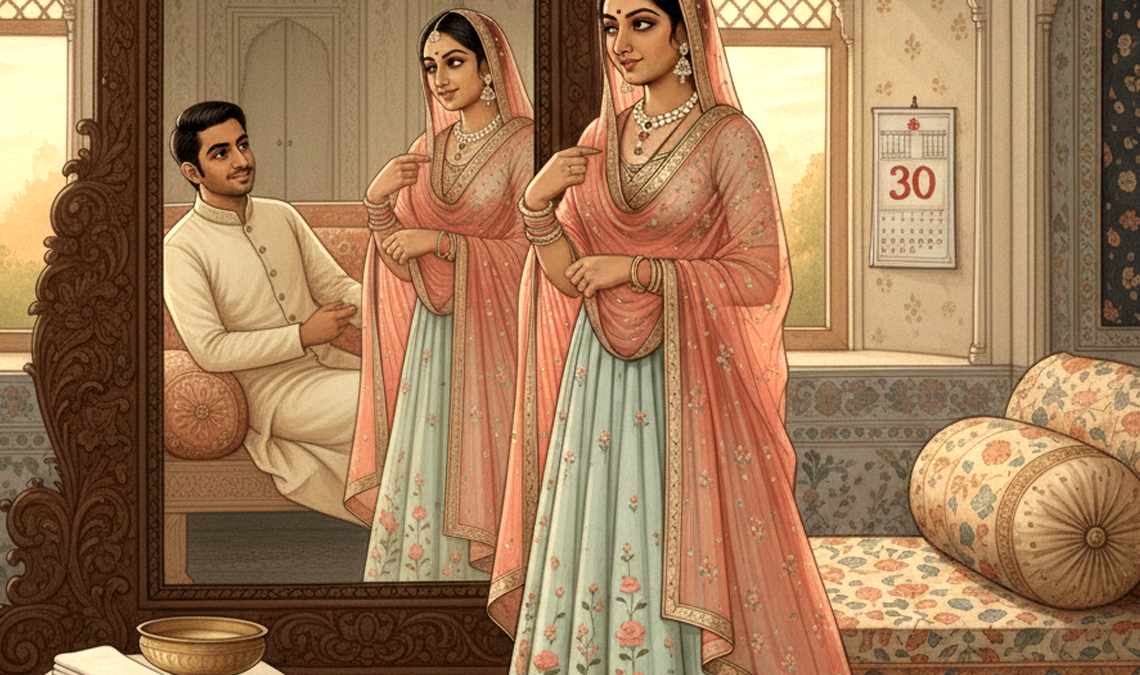 Illustration of a couple in a softly lit room, with two mirrored versions of a woman in traditional clothing and a calendar in the background, symbolising questions or choices around intimacy during different cycle phases.