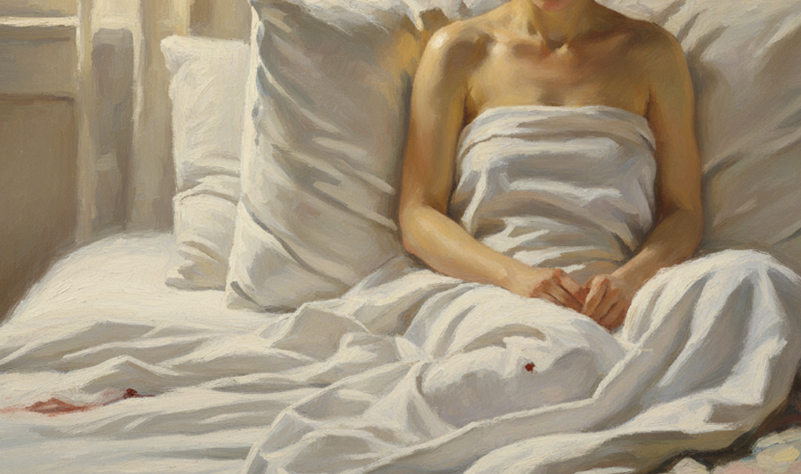Illustration of a woman sitting upright in bed with small blood stains visible on white sheets, representing bleeding or spotting after intimacy.
