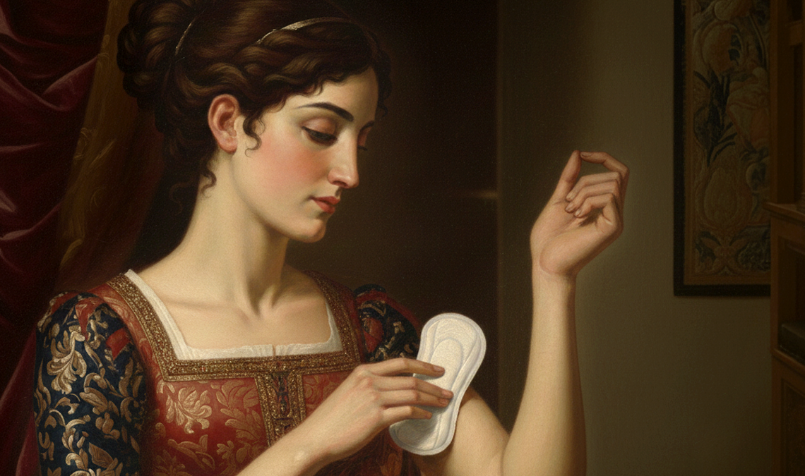 Illustration of a woman examining a sanitary pad against her arm, focusing on touch and comfort, representing sensory sensitivity and gentle period care.