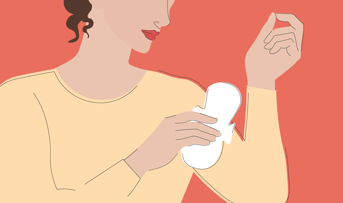 Illustration of a woman holding a sanitary pad, focusing on comfort and feel, symbolising sensory-friendly period care.