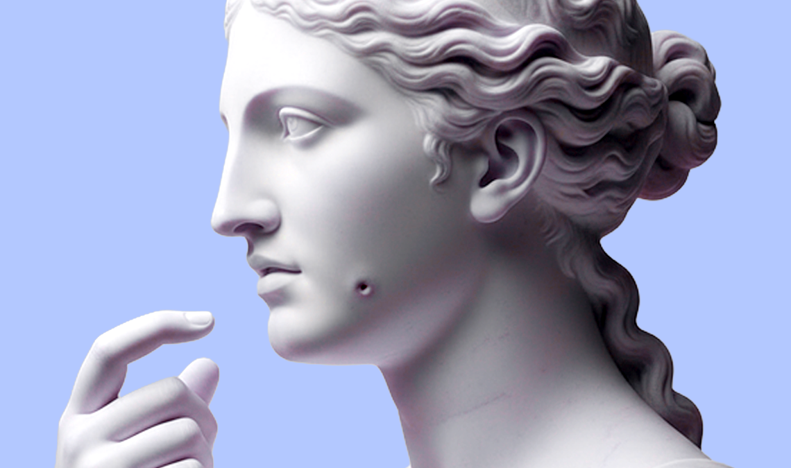 Close-up of a classical statue’s face with a visible pimple on the cheek, symbolising acne or skin purging.