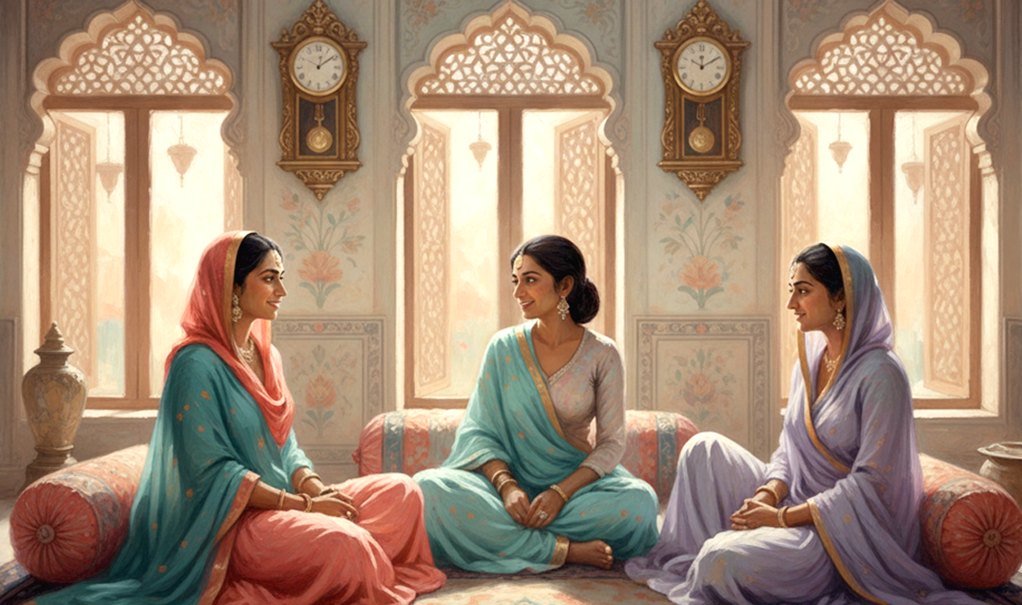 Illustration of three women sitting together in a traditional room, talking and sharing a moment, representing conversations about menstrual myths.