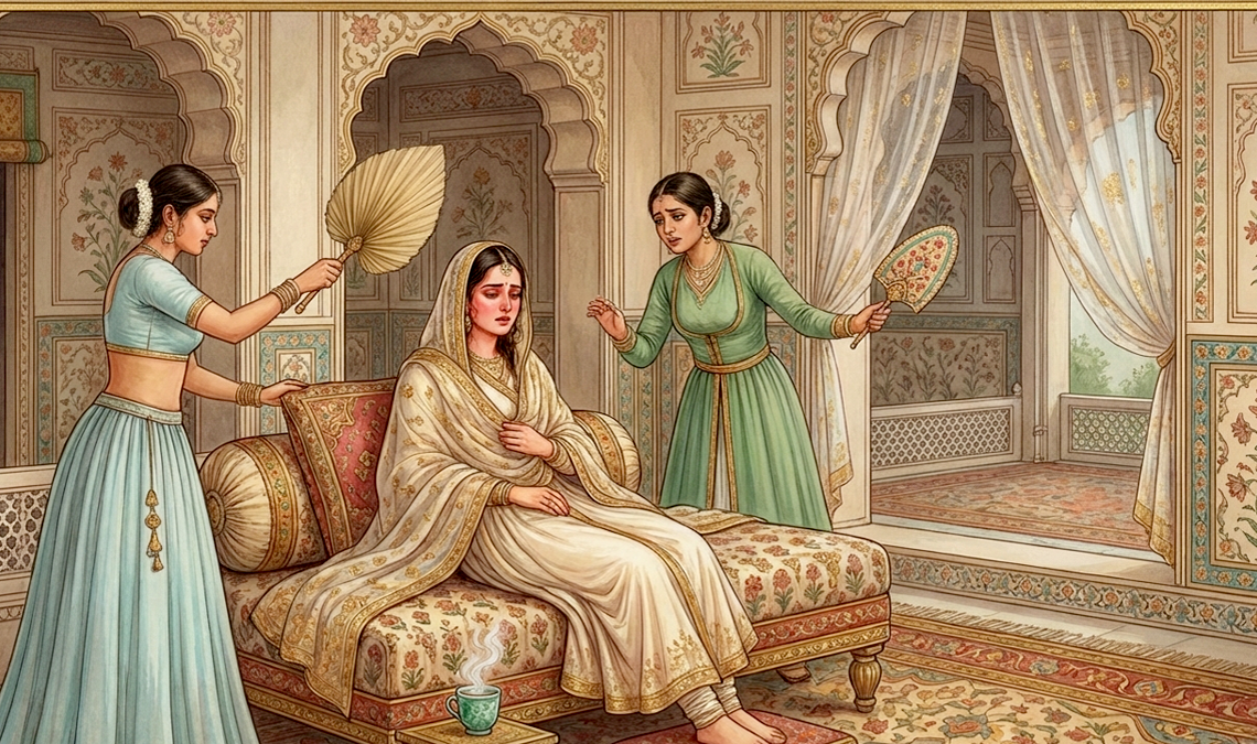 Illustration of a woman resting indoors while two attendants fan her, representing body heat and temperature regulation.