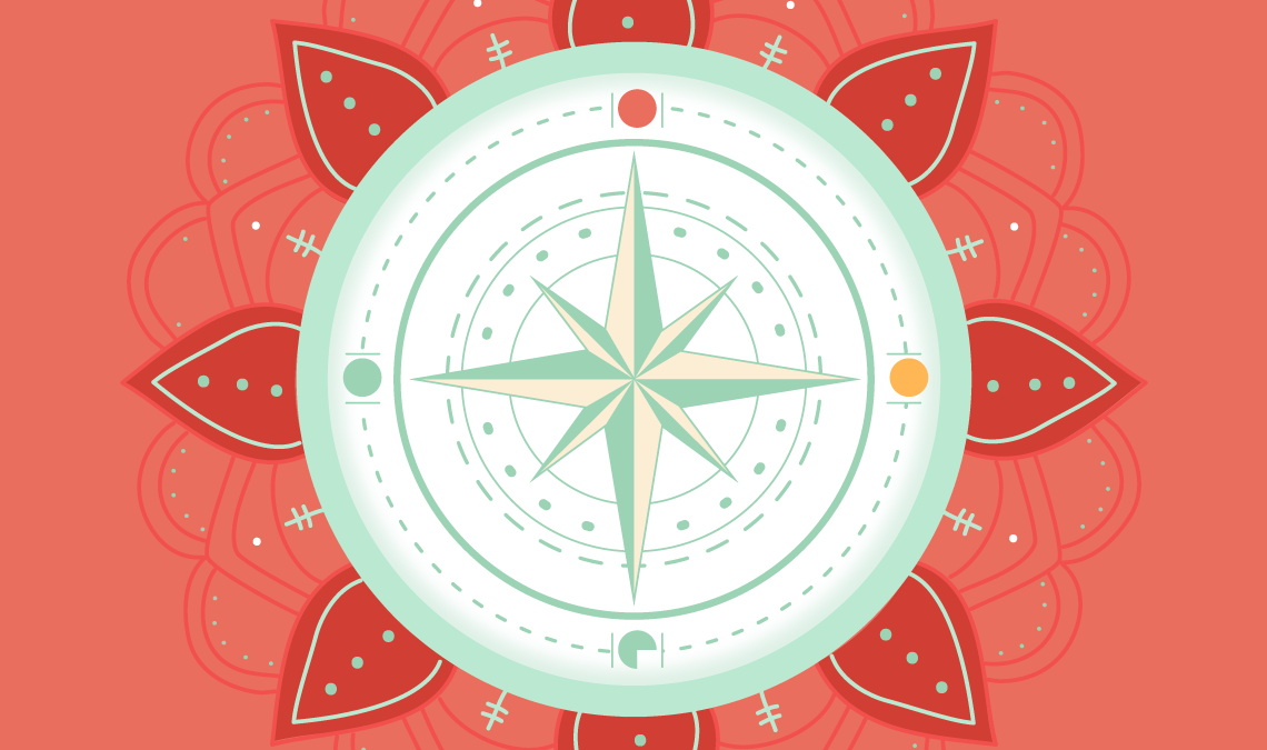 Stylised compass-like circular design in coral and mint tones with floral patterns and celestial symbols, representing feminine energy and cyclical balance.