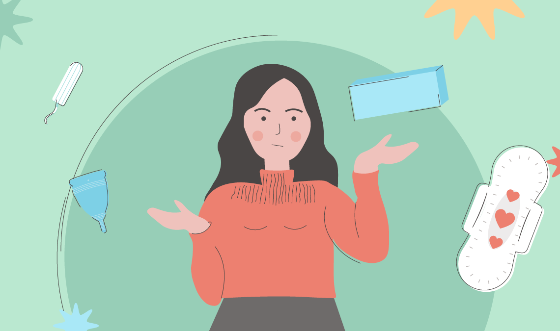 Illustration of a woman weighing different menstrual products—tampon, menstrual cup, sanitary pad, and box—symbolising choosing period protection during Holi.