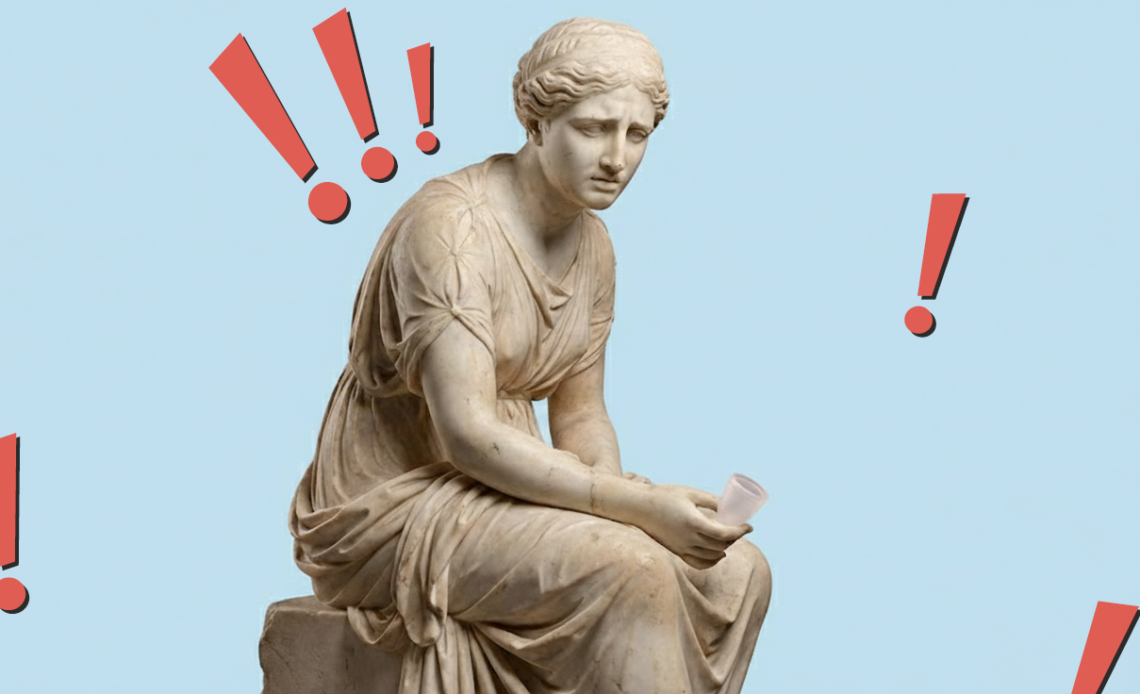 Illustration of a classical statue holding a menstrual cup, surrounded by exclamation marks to represent confusion or anxiety about using menstrual cups.