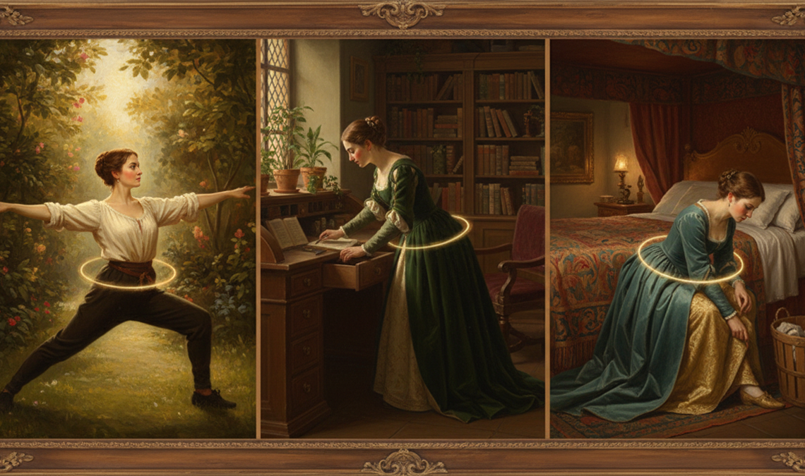 Illustration showing a woman in three daily situations—exercising, working, and resting—highlighting comfort and protection from a sanitary pad’s secure fit.