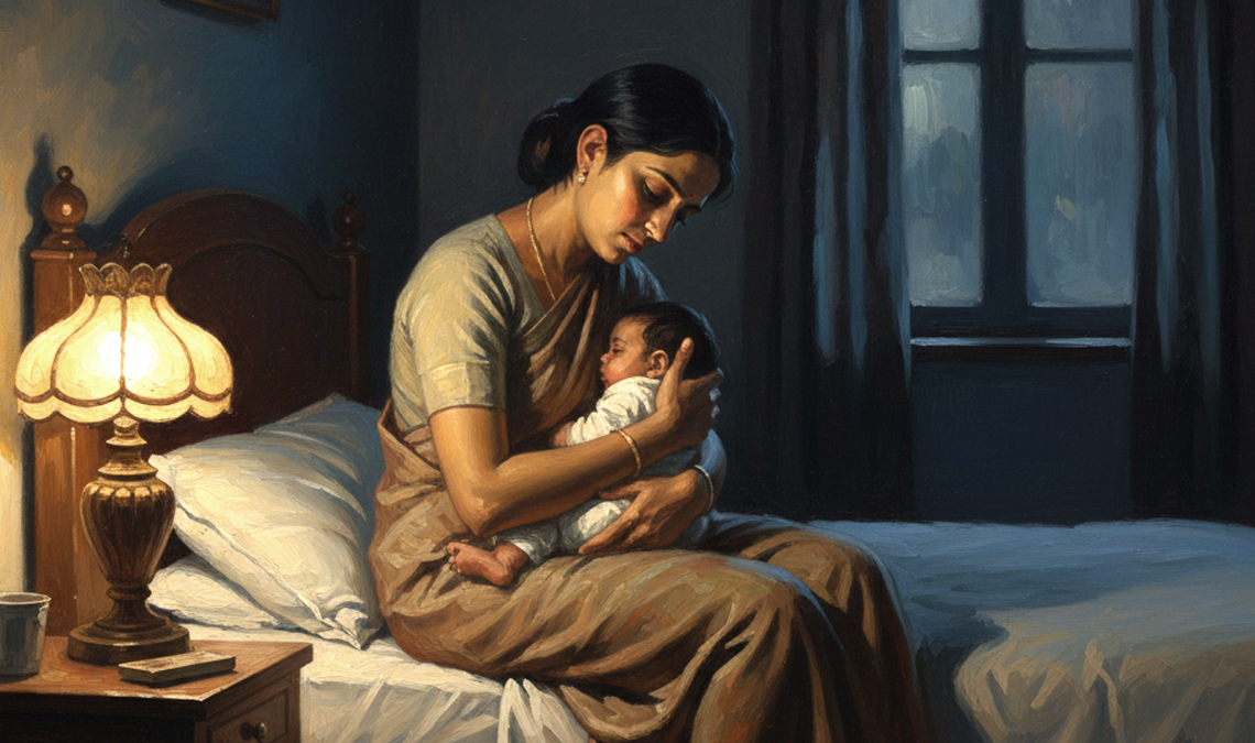 Illustration of a mother sitting on a bed at night, gently holding her baby under the soft glow of a bedside lamp.
