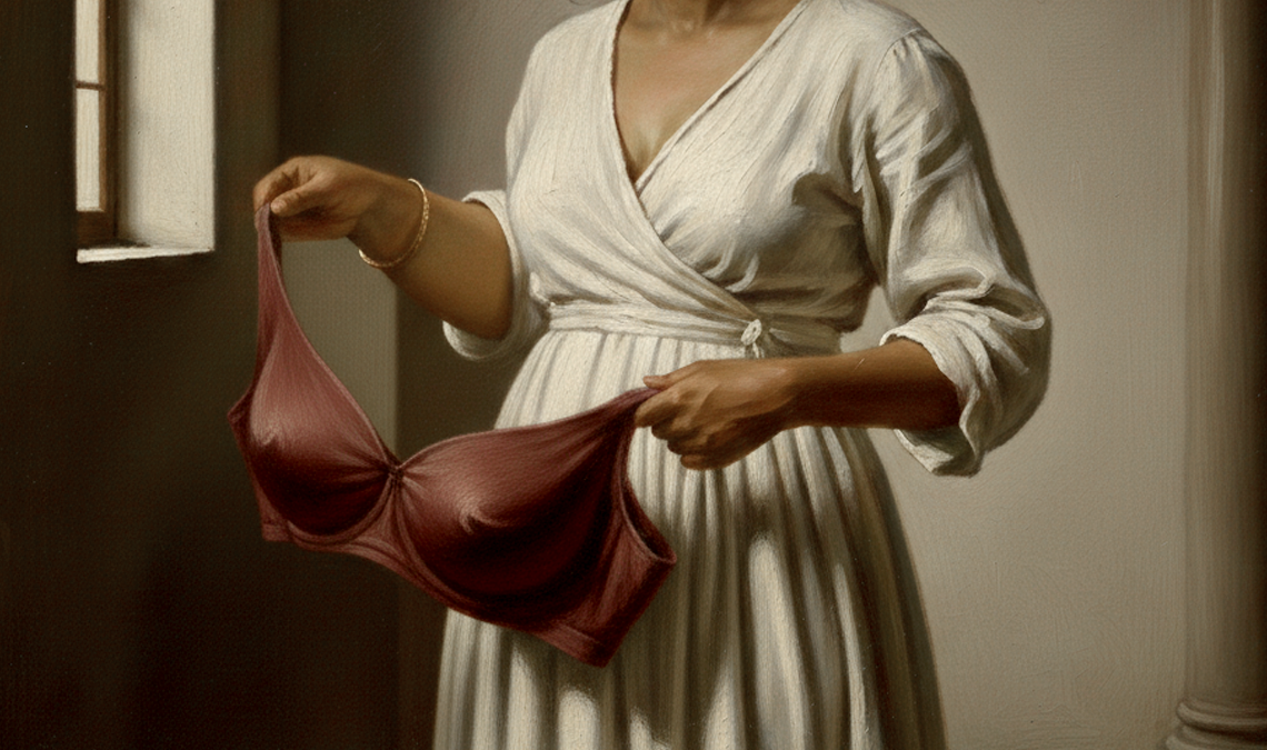 Illustration of a woman holding a bra in front of her body, representing body changes and breast size shifts during perimenopause.