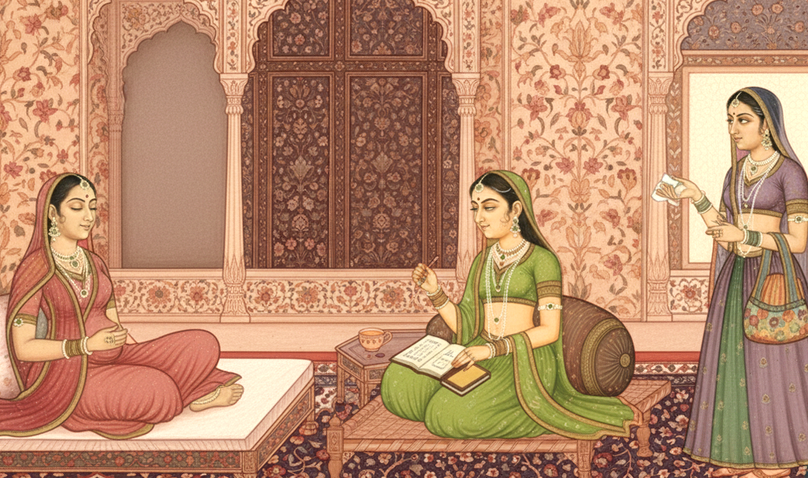 Illustration of women in a traditional setting tracking or discussing menstrual cycles using notes and conversation.