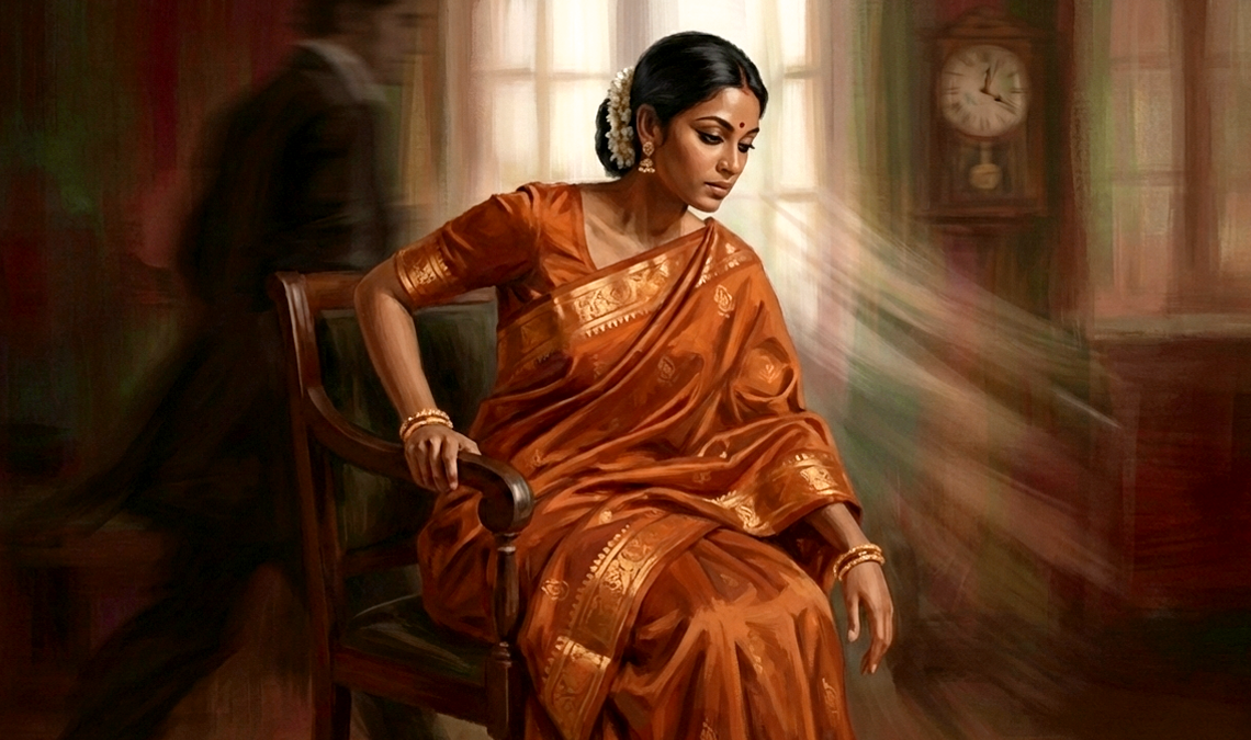 Illustration of a woman in a saree sitting with a tense, uneasy expression as blurred figures move around her, symbolising subtle and overlooked health symptoms.