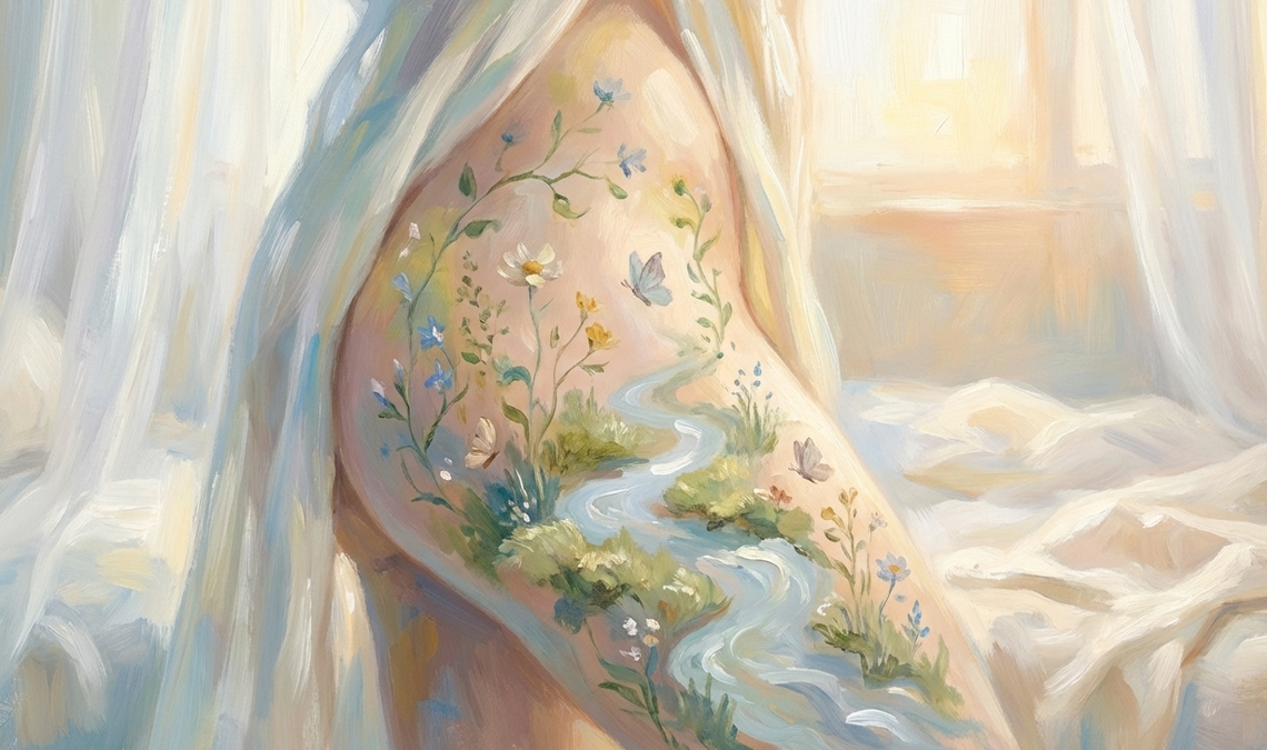Soft, painterly illustration of a woman’s torso with a flowing river, flowers, and butterflies painted across her skin, symbolising balance and skin microbiome health.